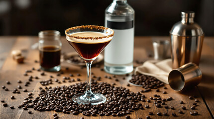 Martini glass filled with espresso martini surrounded by coffee beans on wooden table