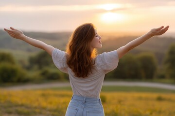 Woman with arms outstretched face to sun openair wearing lightcolored top and jeans