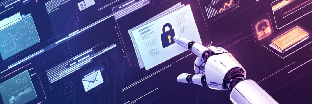 Robotic hand interacts with a digital interface displaying data security elements, including files, graphs, and a padlock icon, against a dark purple and blue backdrop
