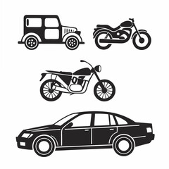 Professional vehicle icons set car motorcycle transparent background