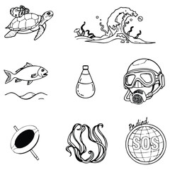 Marine Plastic Pollution Icons – Outline Vector Set for Ocean Awareness