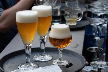 Belgian beer in glass in old brewery in Bruges, strong triple, tasty beverage, lunch with beer,...