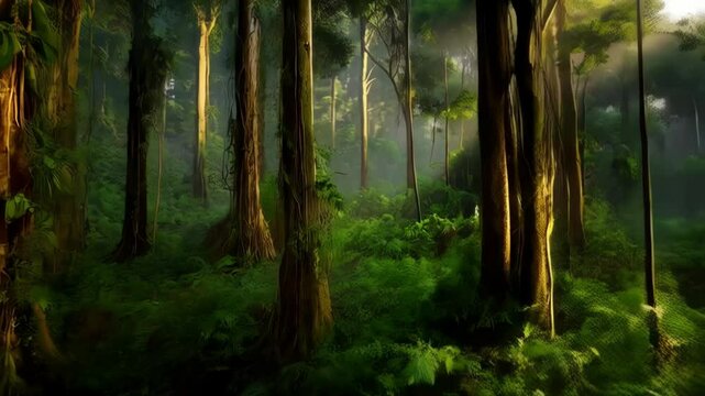Sunlight streams through the towering trees of a lush, verdant forest with a babbling brook running through the green undergrowth.