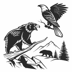 Majestic eagle and grizzly bear mountain scene