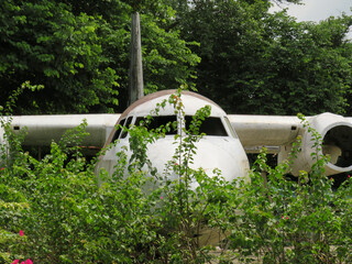 An abandoned and derelict plane covered in vegetation in Yangon, Myanmar