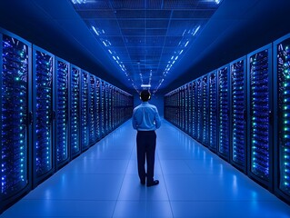 Man in Server Room Analyzing Servers