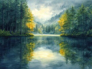 Naklejka premium A tranquil watercolor forest landscape with reflecting lake, painted using the wet-on-wet technique, showing vivid greens and blues, artistic texture and natural tranquility.