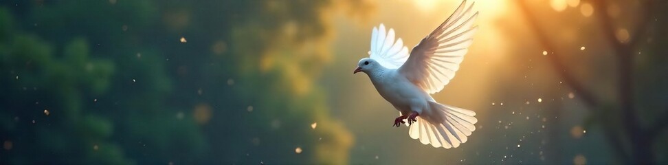 Obraz premium A single, white dove takes flight, symbolizing hope, peace, and spiritual liberation; a soft, ethereal light illuminates its wings , divine, comfort