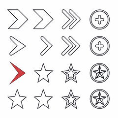 Clean arrows stars plus icons set transparent background