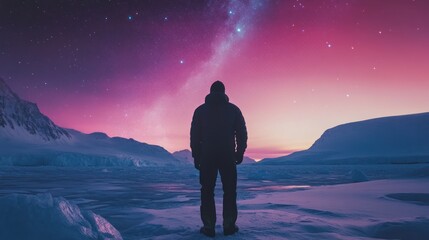 Lone figure amidst celestial landscape, a person silhouetted under starry skies