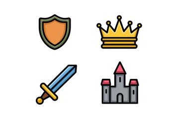 Obraz premium Icons Depicting Kingdom: Shield, Crown, Sword, and Castle on a transparent background.