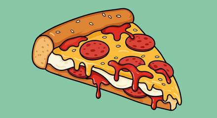 Single slice of pizza with pepperoni on green background