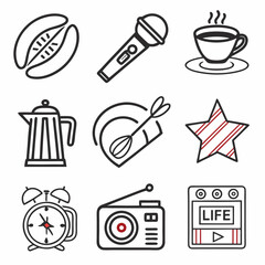 Nine professional line icons coffee microphone alarm clock