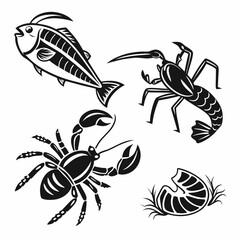 Seafood collection stylized fish crab lobster