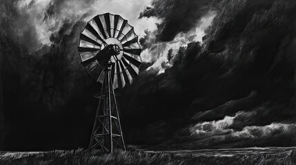 A dramatic grayscale landscape featuring a weathered windmill against a stormy sky