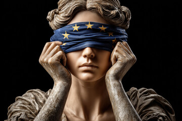 Blindfolded goddess of justice with european union flag symbolizing the influence of geopolitics on justice in judicial matters