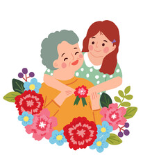 illustration of mother and child in flower frame for mother's day