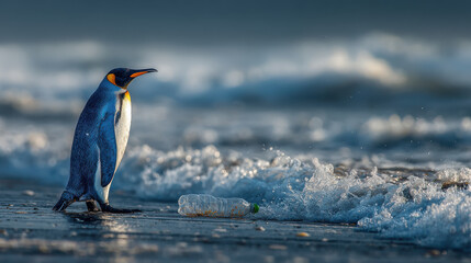 Fototapeta premium Penguin walking on ocean shore with plastic bottle as waves crash, global pollution concept