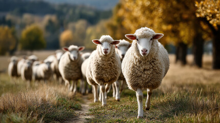 Fototapeta premium Flock of sheep grazing in autumn landscape with trees and pasture