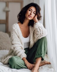 Relaxed Fashion Model in Casual Homewear with Soft Daylight, Cozy Clean Lifestyle Portrait Against Neutral Backdrop