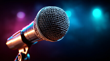 Obraz premium Stage microphone glowing under vibrant lights, capturing the essence of live performance energy