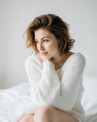 Relaxed Fashion Model in Casual Homewear with Soft Daylight, Cozy Clean Lifestyle Portrait Against Neutral Backdrop