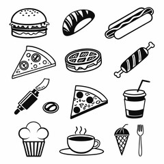Delicious fast food icons set isolated on white