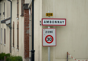 Champagne wine making region near Epernay, Champagne, France. Road signes and places of destinations, sign tourists route in Champagne, Ambonnay