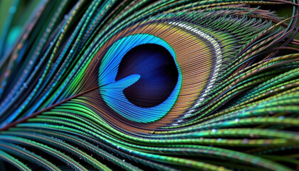 Obraz premium Close up view of peacock feathers showcasing iridescent blue and green hues, creating mesmerizing pattern that captivates eye