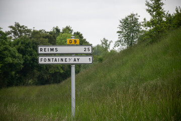 Champagne wine making region near Epernay, Champagne, France. Road signes and places of...