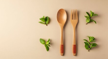  Eco-Friendly Wooden Spoon and Fork Set with Mint Garnish - Sustainable Tableware