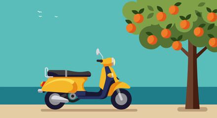 Whimsical beachside scene with yellow and blue scooter and orange fruit tree