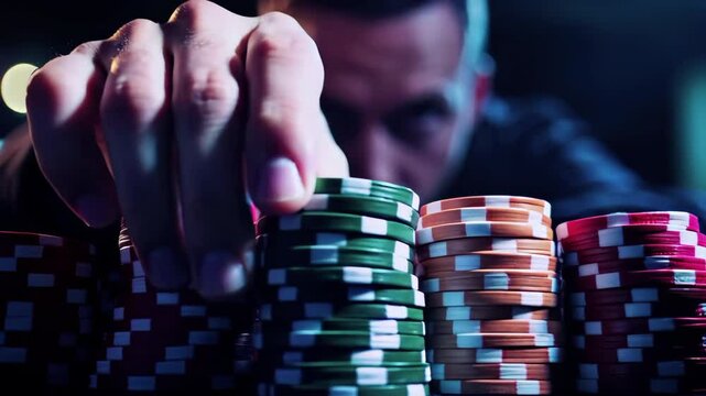 Intense poker player watches the game intently with chips in the foreground, illuminated by dramatic lighting.