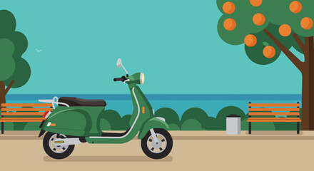 Vintage green Vespa scooter parked on a sandy path near a wooden bench and orange fruit tree