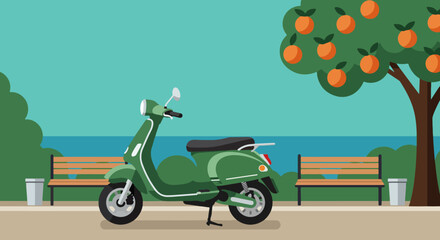 Classic green Vespa scooter parked in urban park with benches and orange fruit tree