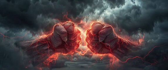 Crimson energy surges through clenched fists, veins pulsing with raw hatred against a stormy, dark sky hands showing calmness.