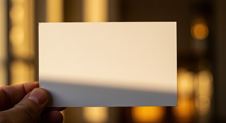 Blank card held in hand, sunlight casting shadow