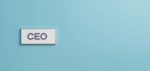 Minimalist office sign with CEO on a light blue wall representing leadership and management in a professional workspace environment