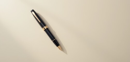 Close-up of a luxury black and gold ballpoint pen lying diagonally on a plain light-colored surface with soft lighting and subtle shadows for a minimalist aesthetic
