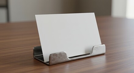 Blank business card holder on a wooden table