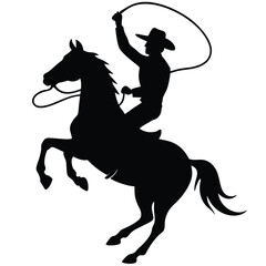 Silhouette of a cowboy on a rearing horse swinging a lasso against a white background.