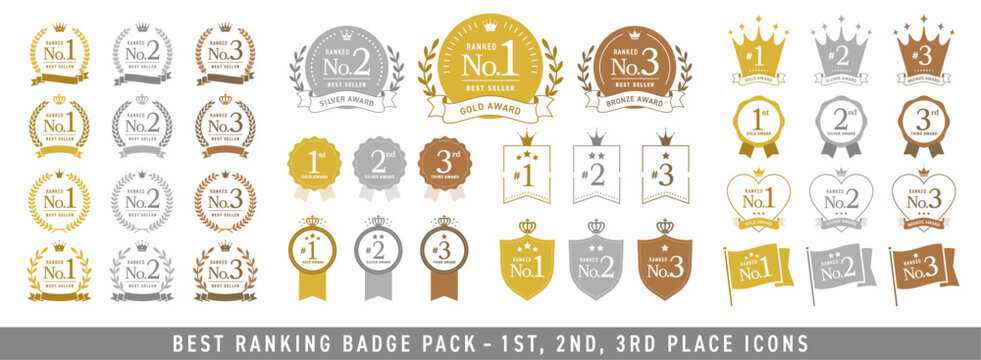 No.1、No.2、No.3（金・銀・銅）のランキングアイコンセット【英語】/ オープンパス有り　編集可能