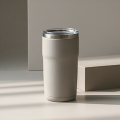Modern stainless steel travel mug standing on white surface evoking elegance and practicality