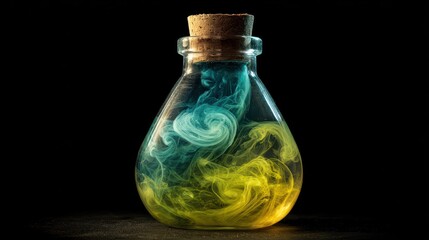 Colorful swirling liquid in glass bottle