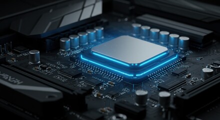 High-Tech CPU on a Motherboard with Blue Accent Lighting
