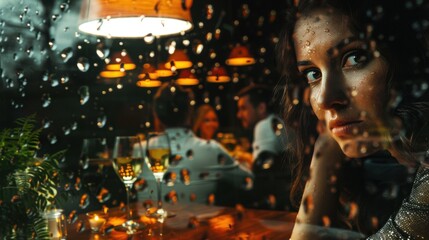 Rain blurs her envious gaze at a couple's warm restaurant glow; reflection, moody cinematic scene.