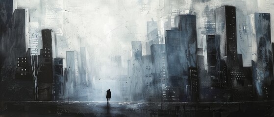Abstract cityscape a lonely figure stands dwarfed moody grain enhanced tall buildings their size emphasizing solitude.