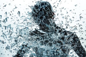 Shattered glass figure abstractly cries, reflective fragments mimicking tears form a surrounding border puddle.