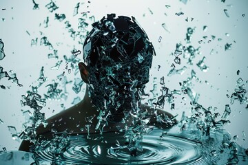 Shattered glass forms a crying figure, reflective shards cascade into watery ripples below it.