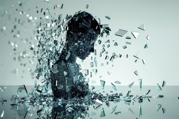 Shattered glass forms an abstract crying silhouette, reflective tear fragments pool below.